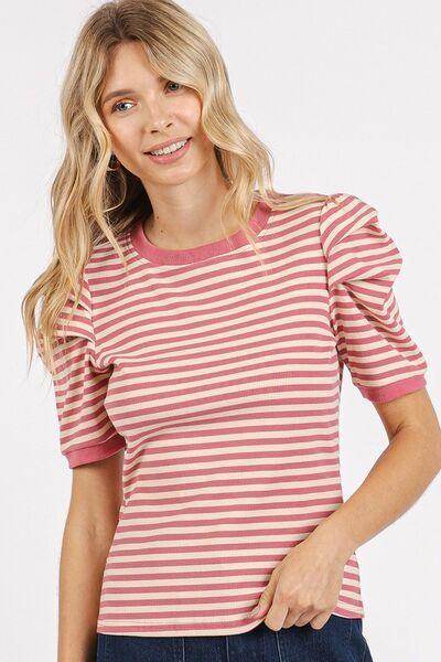 Mittoshop Striped Round Neck Puff Sleeve T-Shirt for Women
