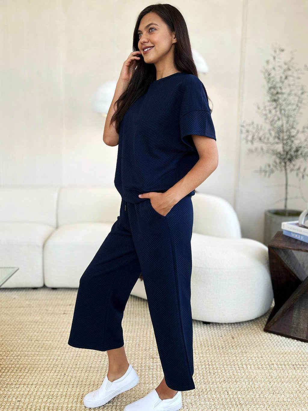 Double Take Full Size Texture Top and Pants Set for Women