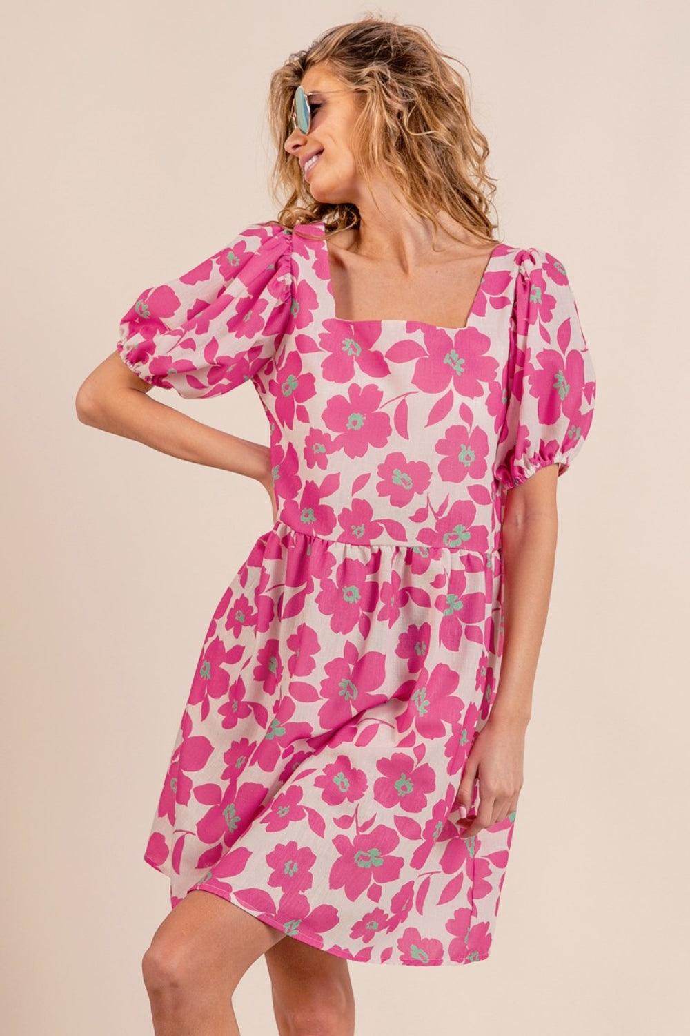 BiBi Printed Square Neck Puff Sleeve Mini Dress for Women