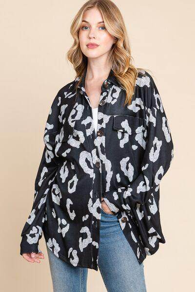 BOMBOM Animal Print Button Up Knit Shacket for Women