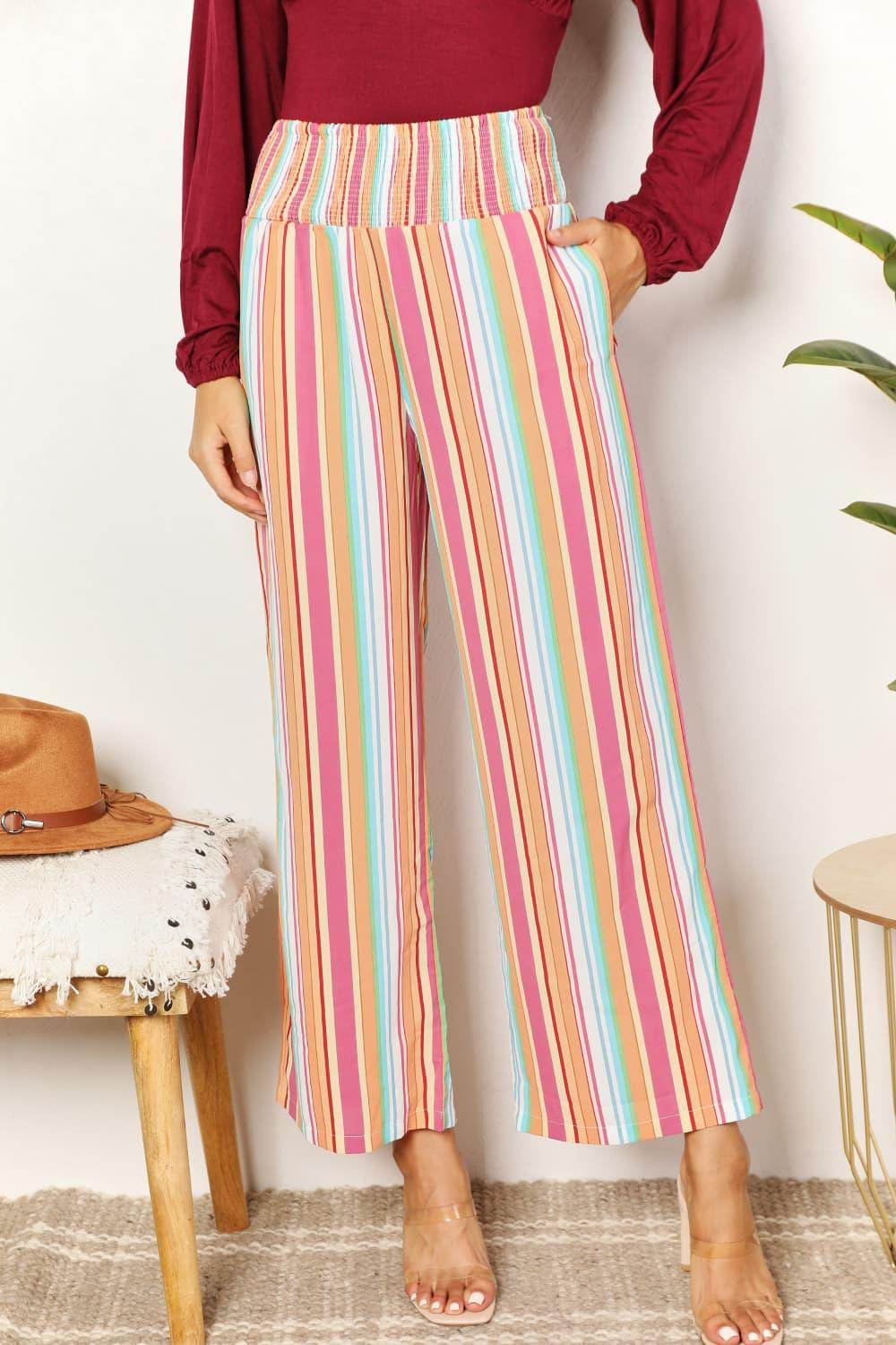 Double Take Striped Smocked Waist Pants with Pockets Stylish
