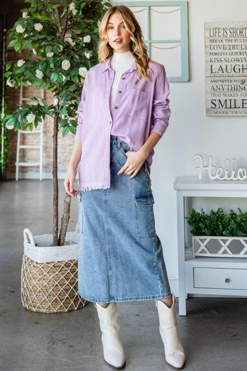 Veveret Raw Hem Button Up Long Sleeve Shirt for Women