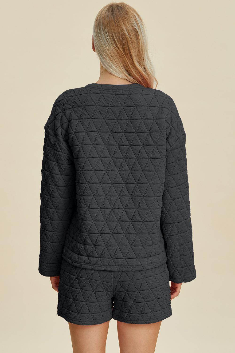 Double Take Full Size Texture Round Neck Long Sleeve Top and Shorts Set for Women