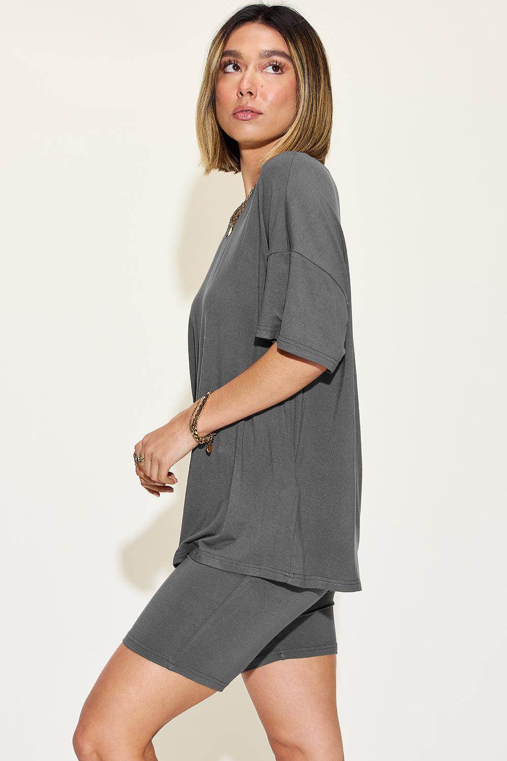 Basic Bae Full Size V-Neck Drop Shoulder T-Shirt Set