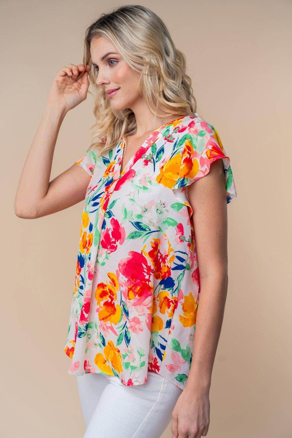White Birch Full Size Short Sleeve Floral Woven Top for Women