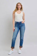 Judy Blue Full Size Plaid Print Cuff Straight Leg Jeans