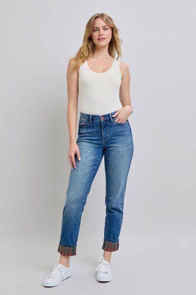 Judy Blue Full Size Plaid Print Cuff Straight Leg Jeans