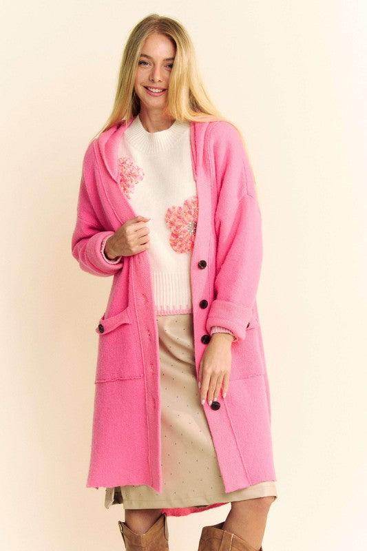 Davi & Dani Side Slit Button Up Hooded Cardigan for Women