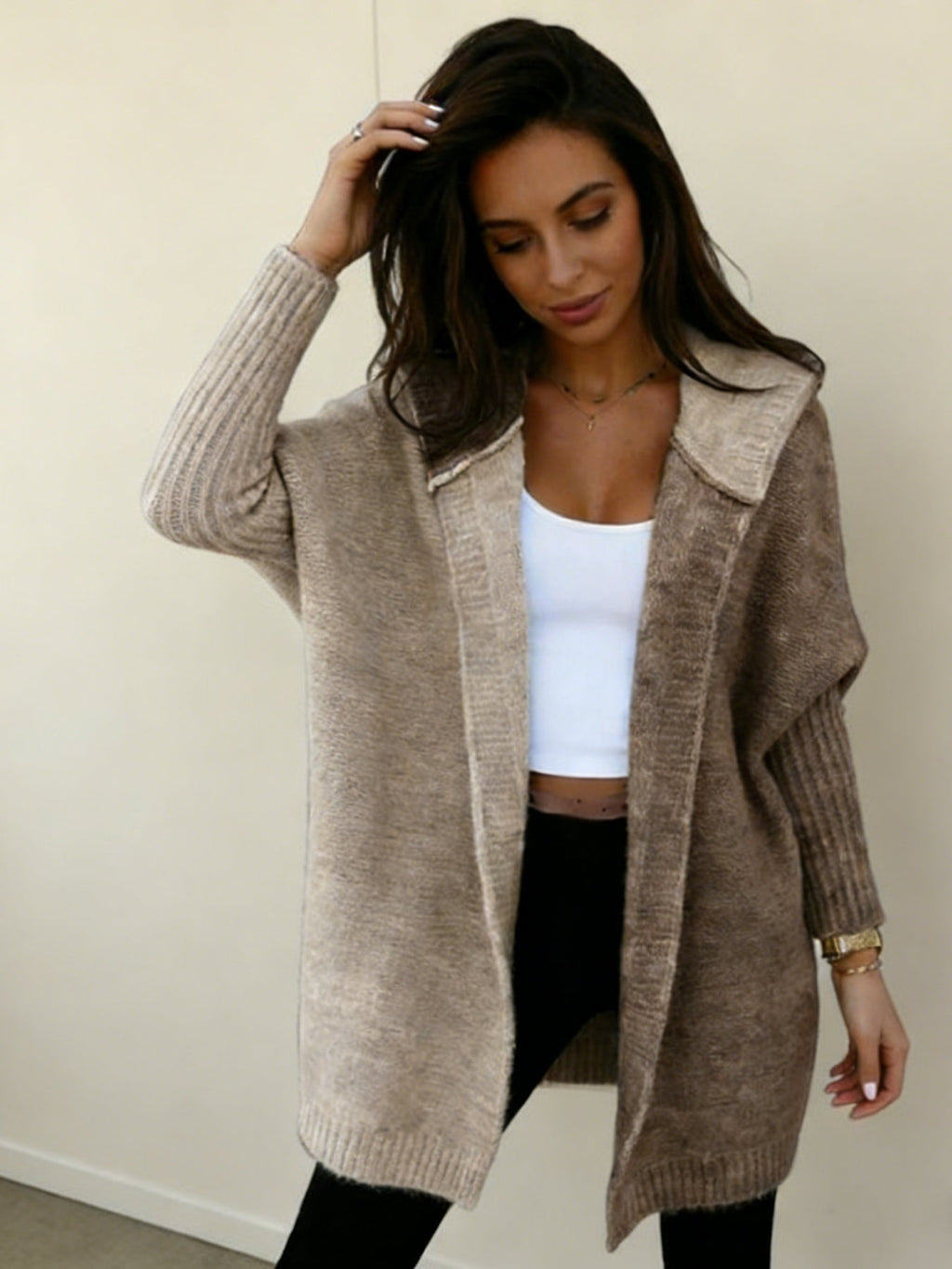Women’s Color Block Hooded Knitted Cardigan – Plus Size Mid-Length Sweater Coat