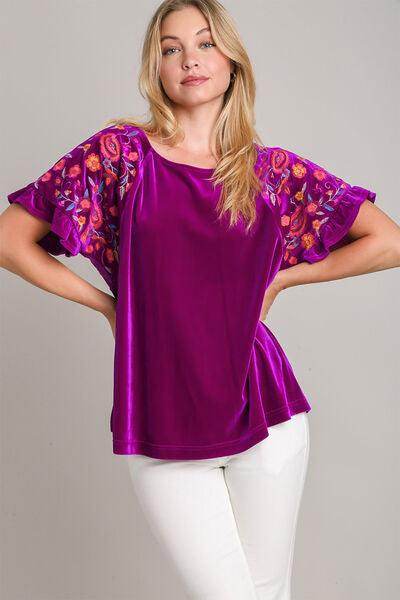 Umgee Full Size Velvet Embroidery Short Sleeve Blouse for Women