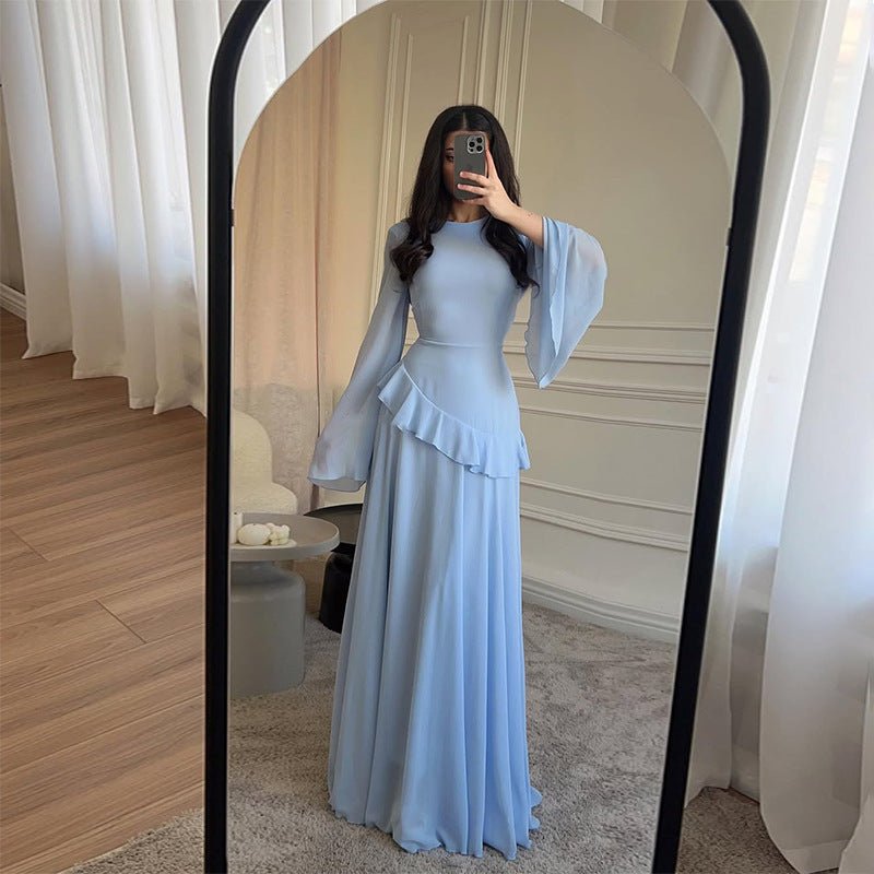 Chiffon Ruffle Gown with Tie-Back | Bell Sleeve Tiered Maxi Dress(MS227)