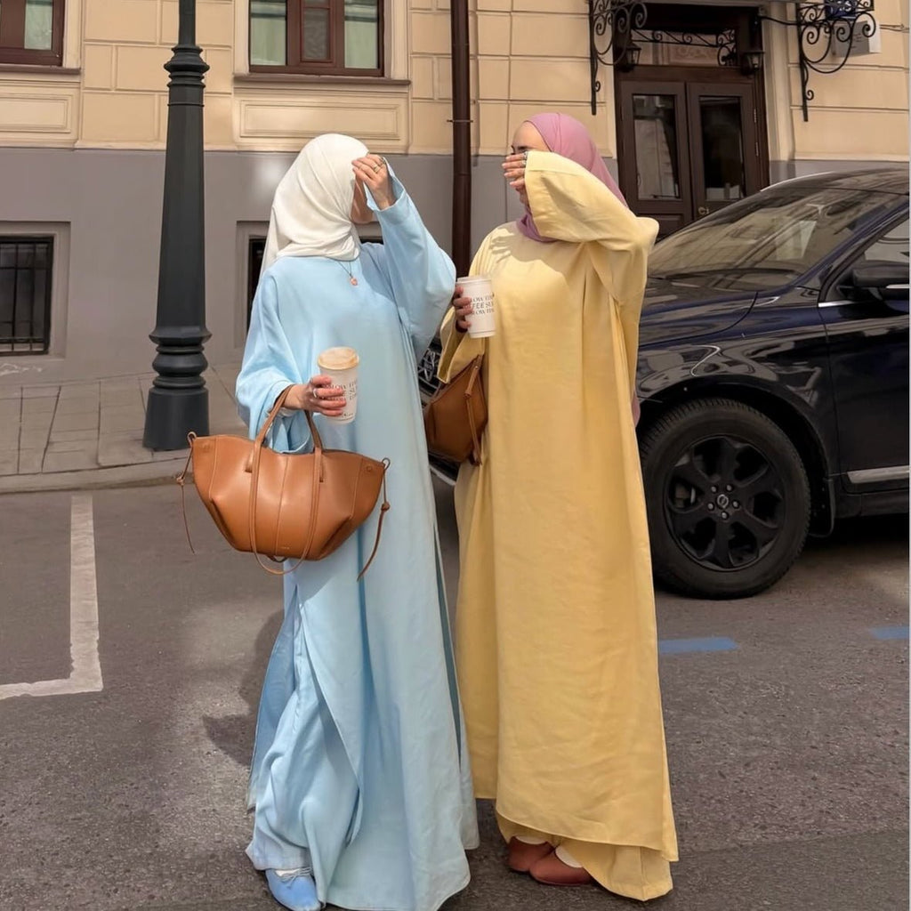 Comfortable Solid Color Abaya & Loose Pants Set | 2-Piece Casual Modest Abaya Outfit (MS136)