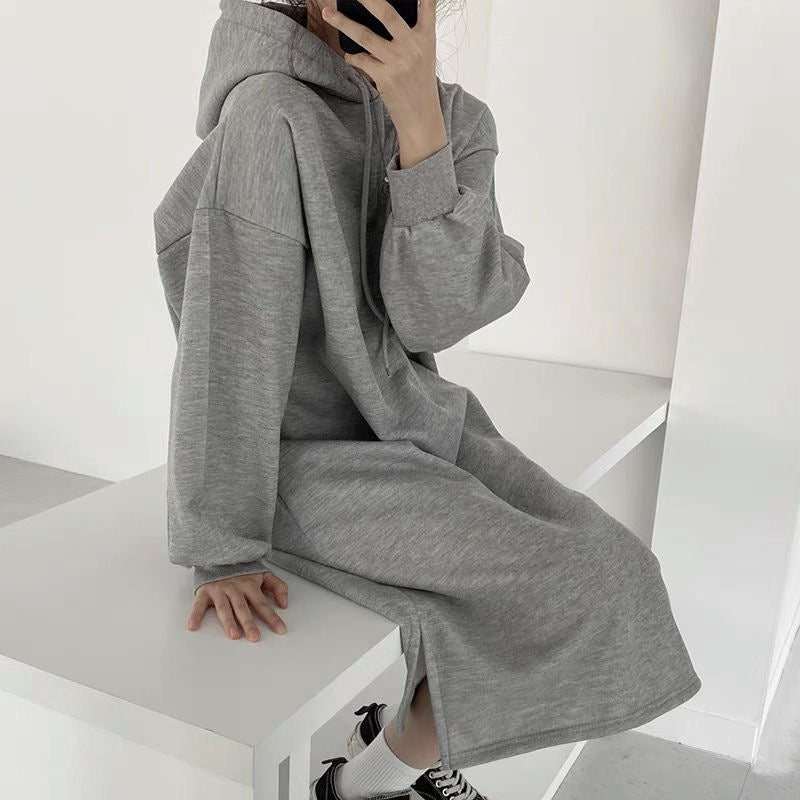 Cozy Hooded Pullover Maxi Dress | Mid-Length Fleece Lined Dress with Side Slits(MS137)