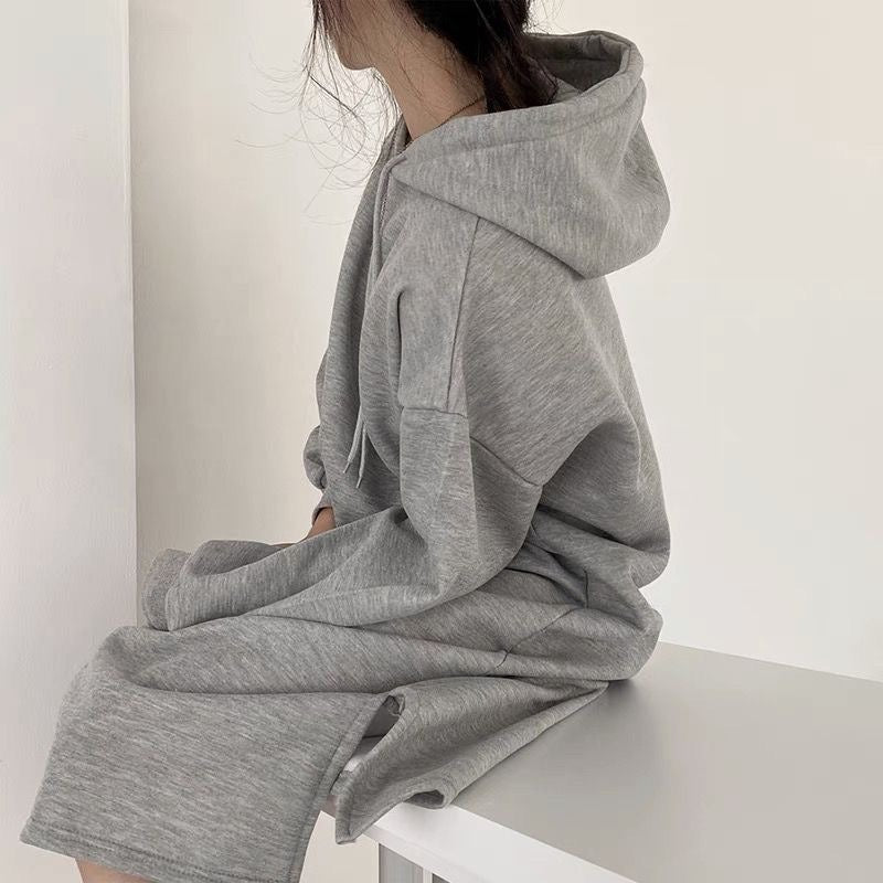 Cozy Hooded Pullover Maxi Dress | Mid-Length Fleece Lined Dress with Side Slits(MS137)