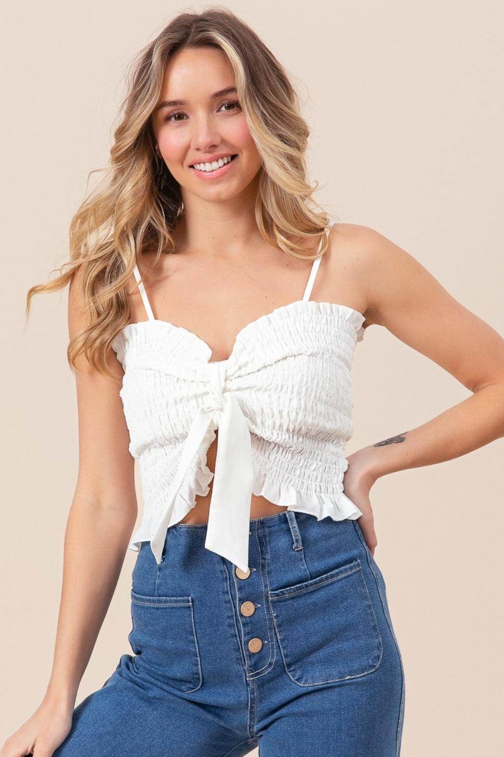 BiBi Ruffled Smocked Ribbon Detail Cami for Women