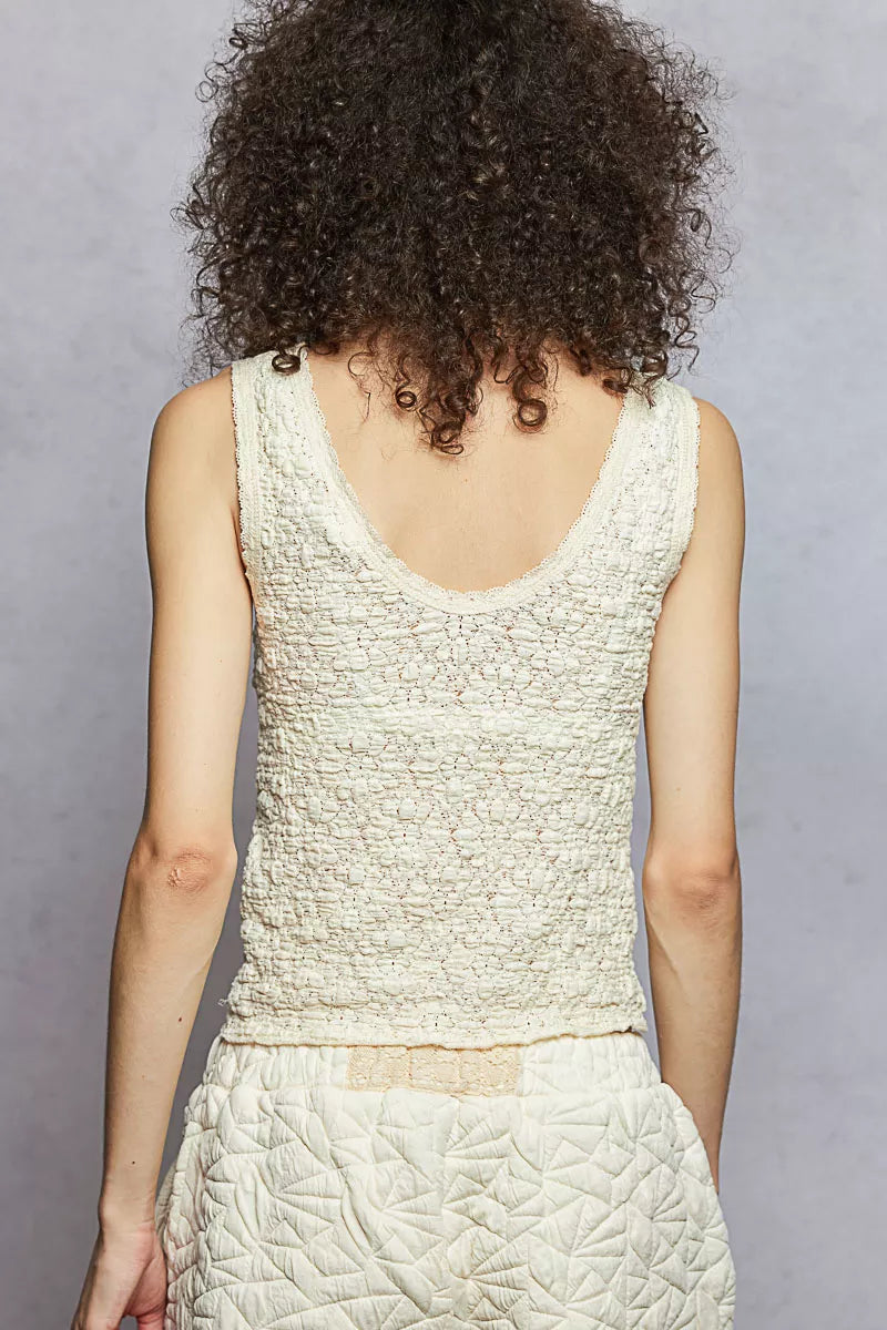 POL Textured Knit V-Neck Tank with Lace Trim