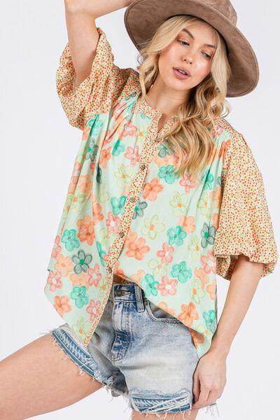 SAGE+FIG Button Down Bubble Sleeves Shirt for Women