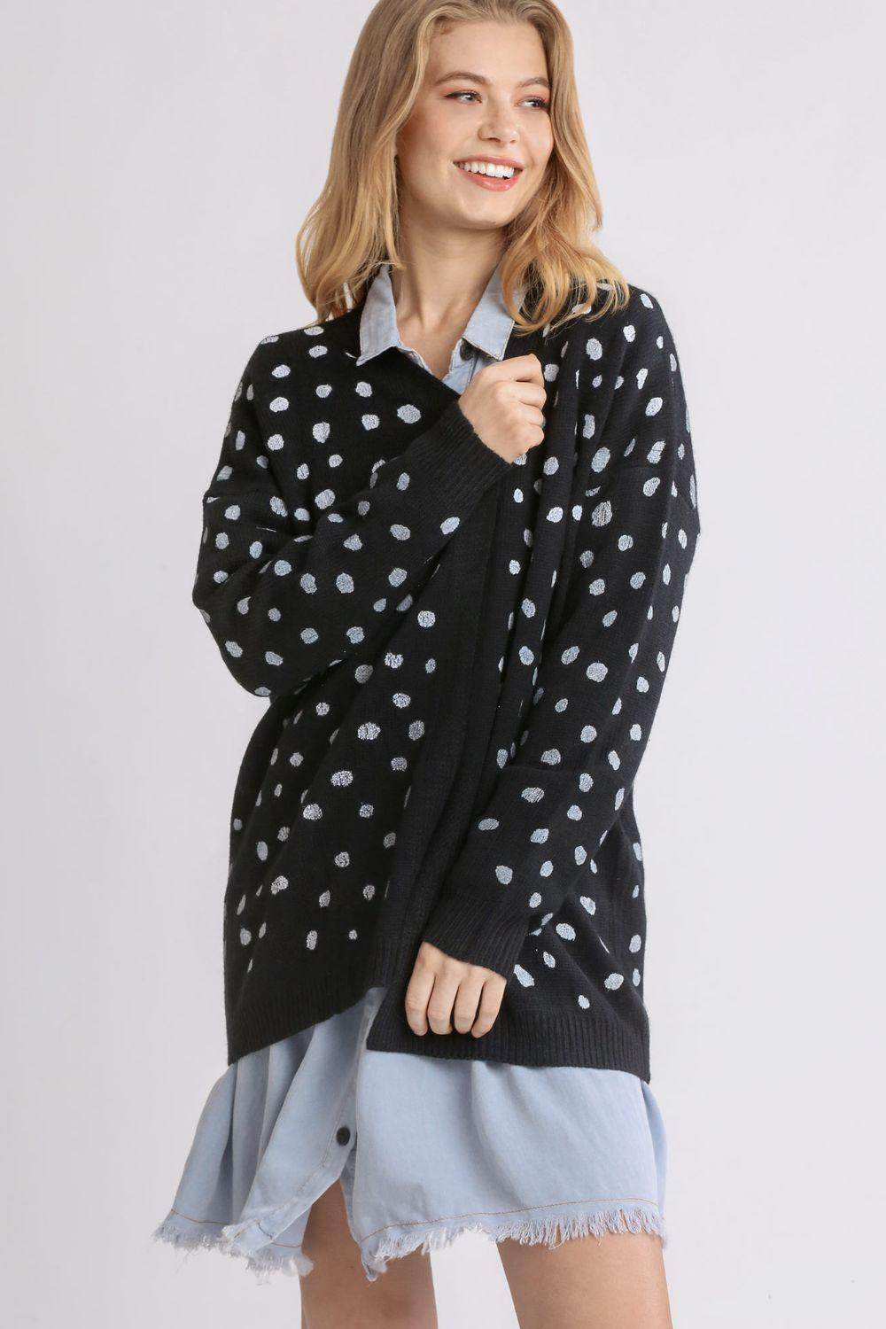 Umgee Polka Dot Open Front Drop Shoulder Cardigan for Women