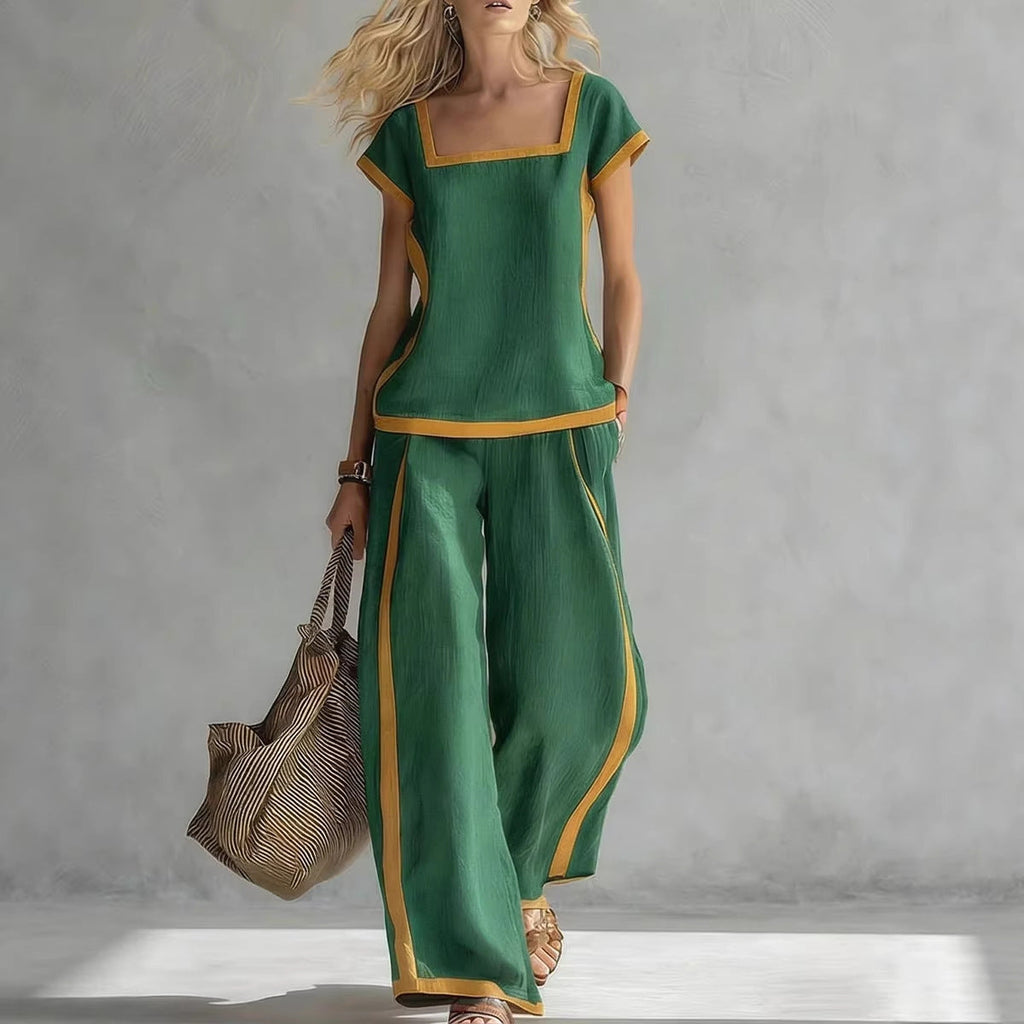 Solid Color Shirt & Wide-Leg Trousers Two-Piece Set