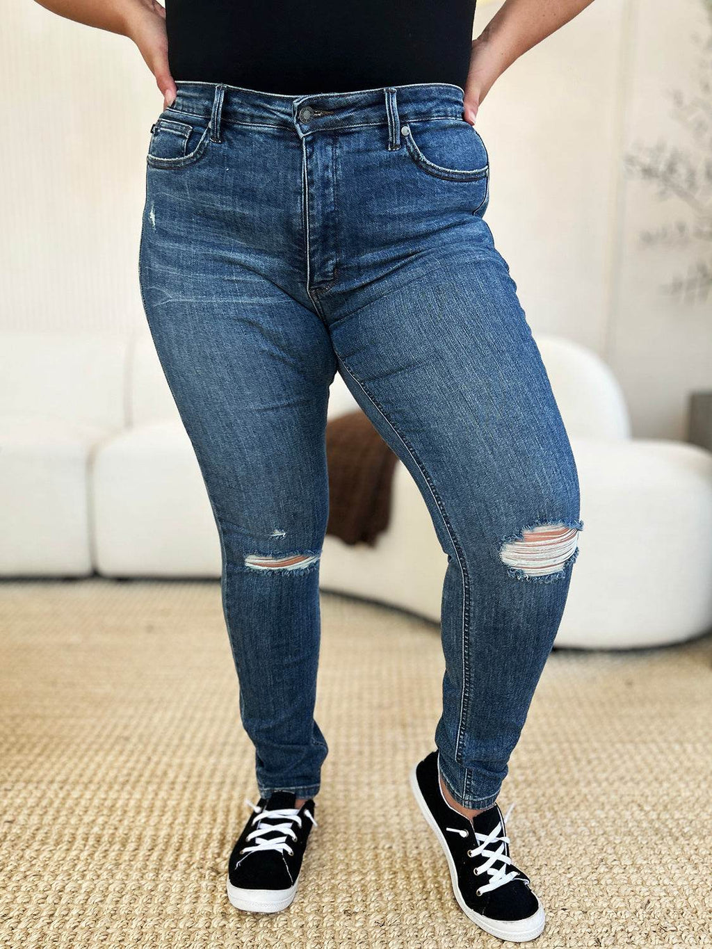 Judy Blue Full Size Mid Waist Distressed Slim Jeans For Women