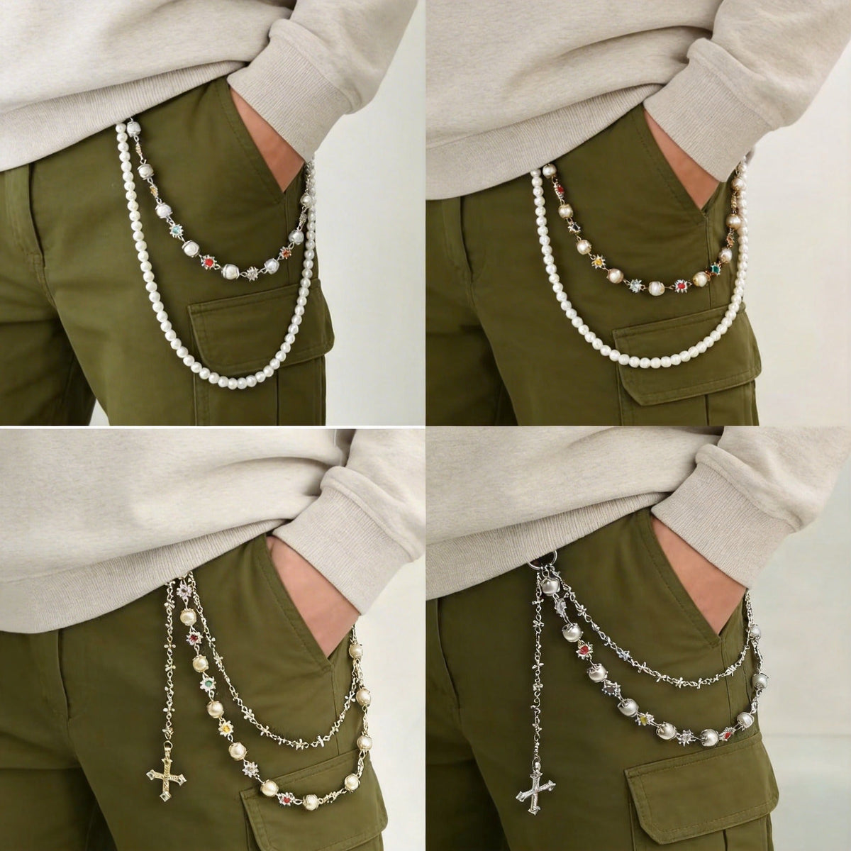 Vintage Multi-Layer Cross Pendant Pearl Flower Color Waist Chain Fashion Pants Chain