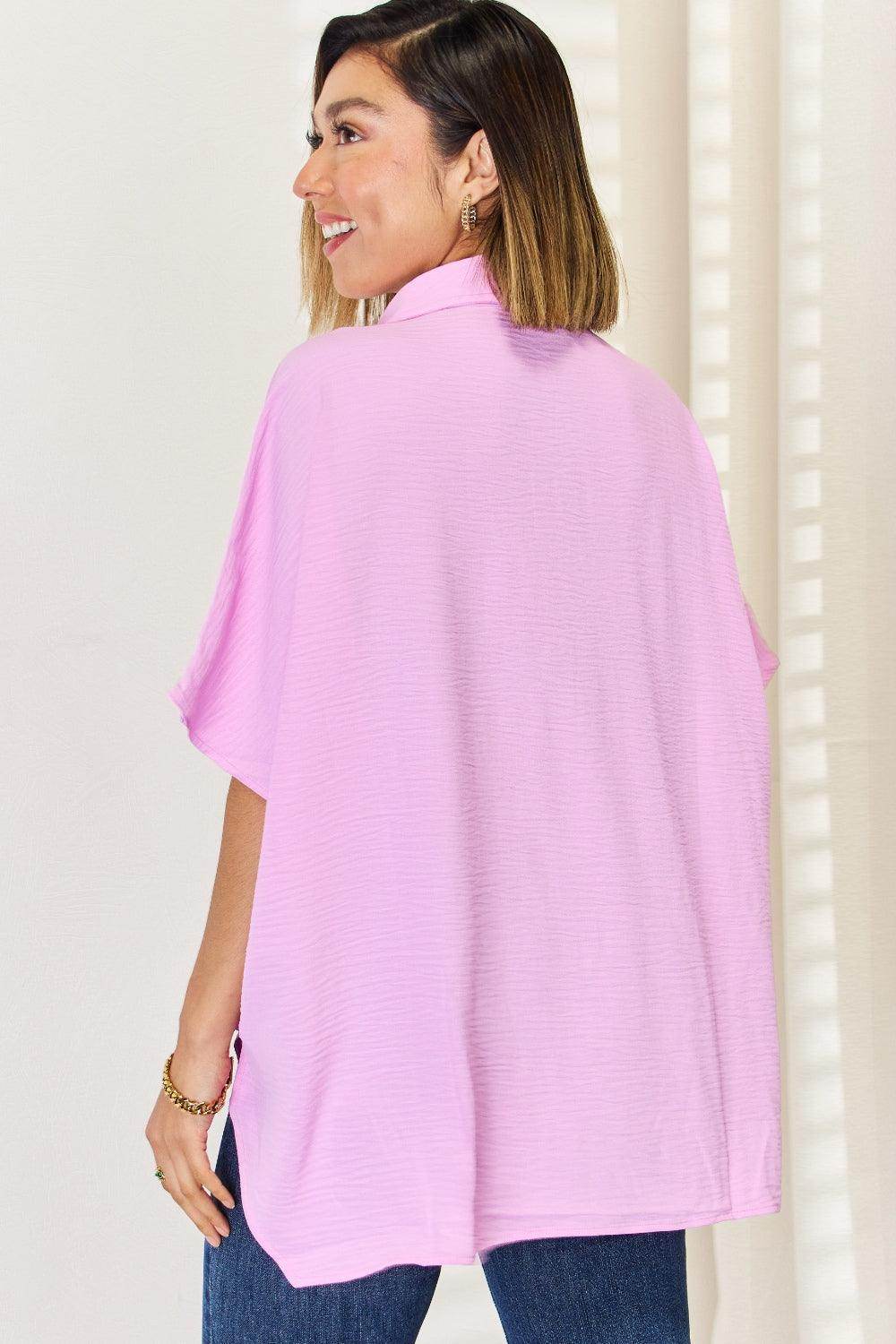 Zenana Texture Button Up Short Sleeve High-Low Shirt Online