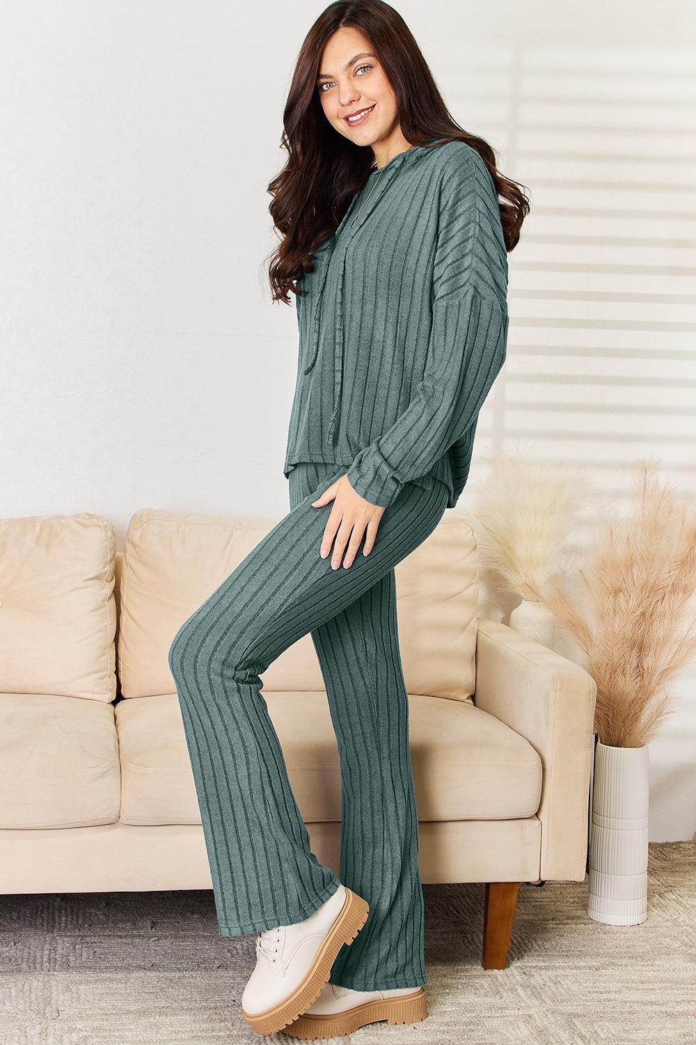 Basic Bae Full Size Ribbed Drawstring Hooded Top Set