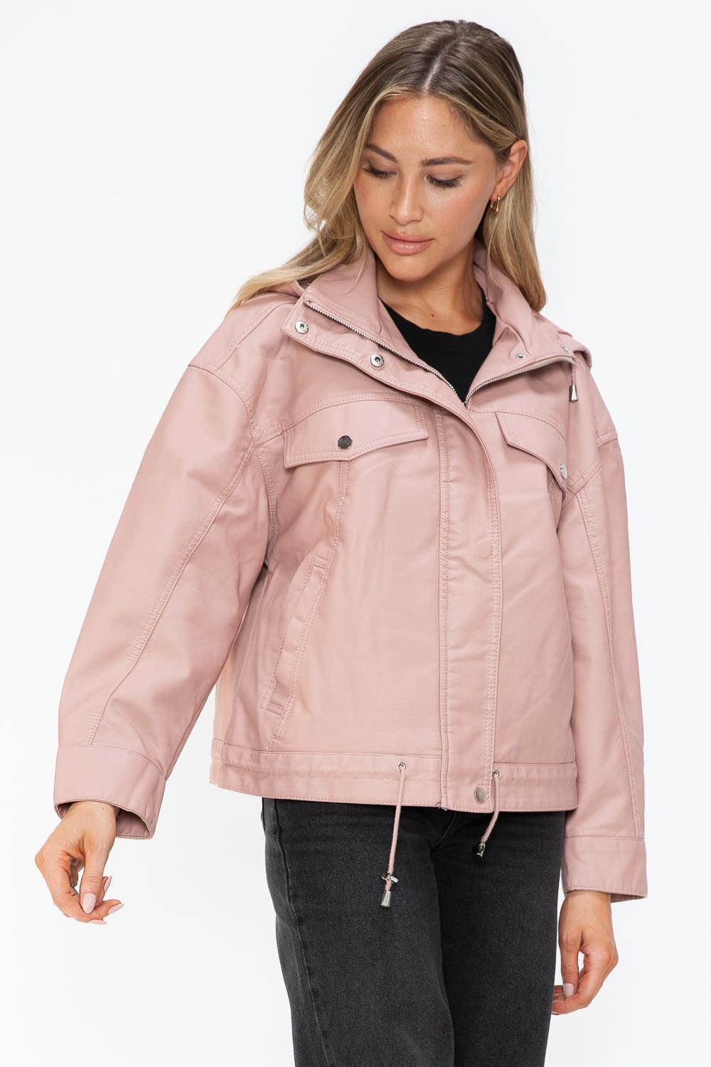 How Dare U Drawstring Hem PU Leather Zip Up Jacket for Women