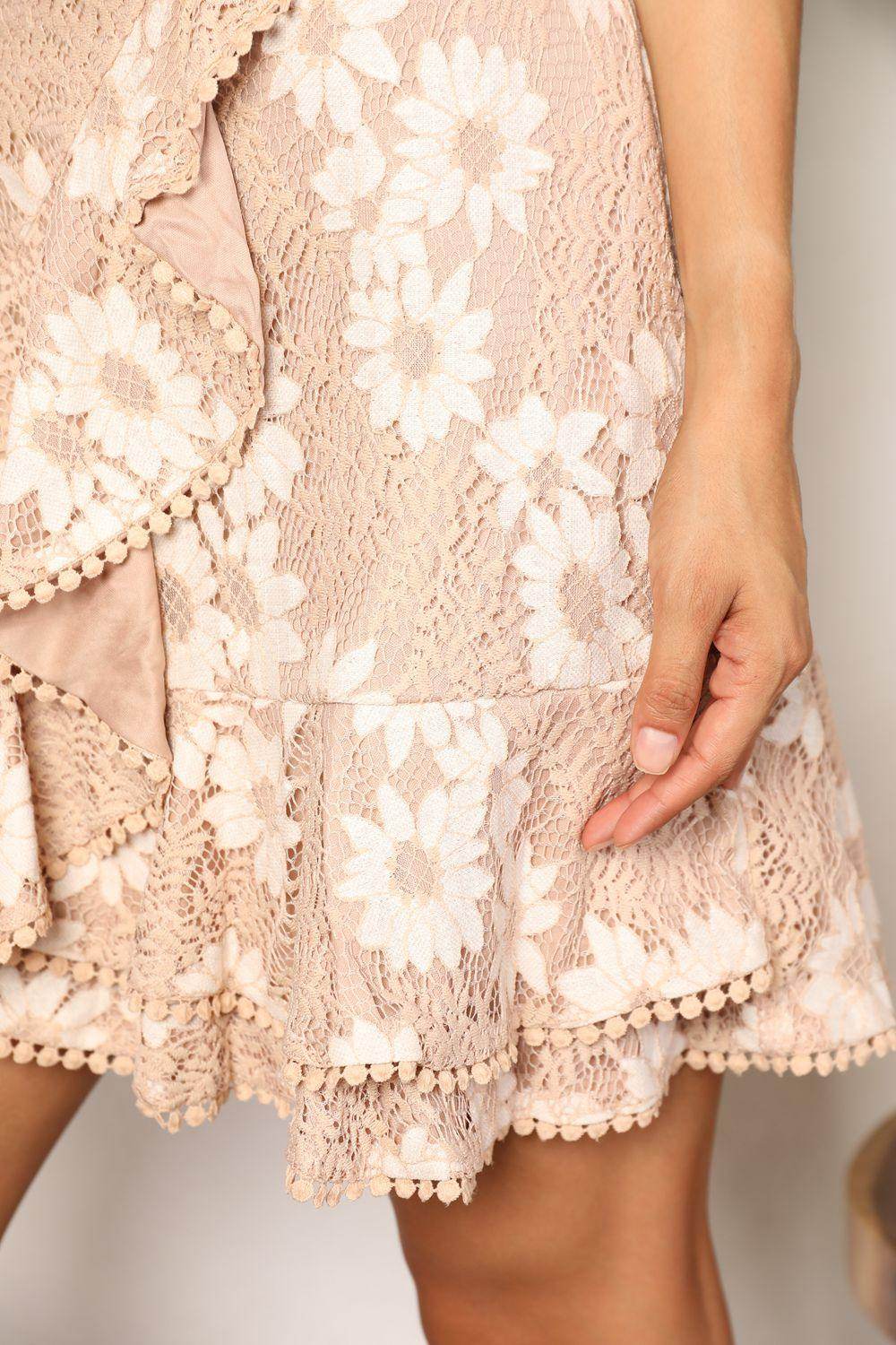 Double Take Floral Lace Pompom Tie-Waist Flutter Sleeve Dress