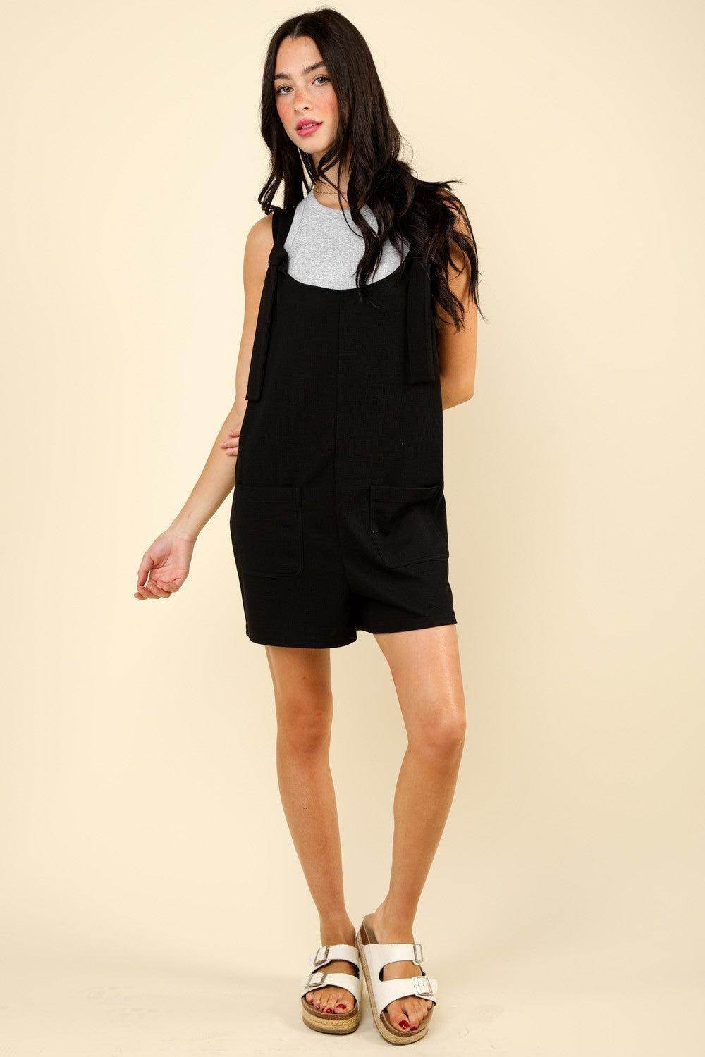 Very J Tie Shoulder Front Pocket Romper for Women