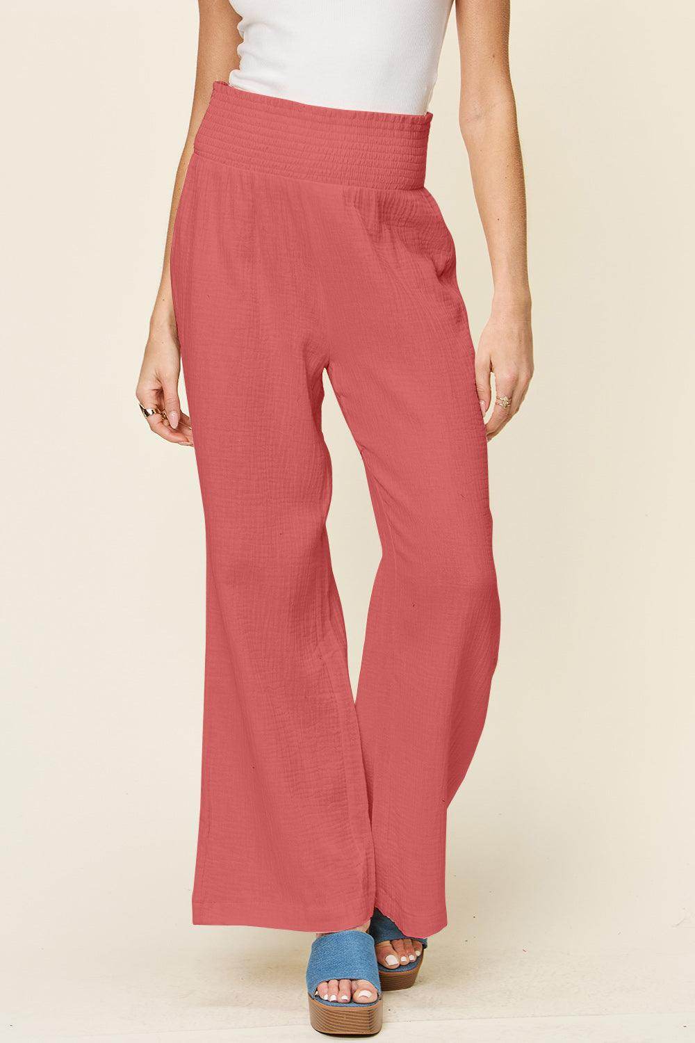 Double Take Full Size Texture Smocked Waist Wide Leg Pants For Women