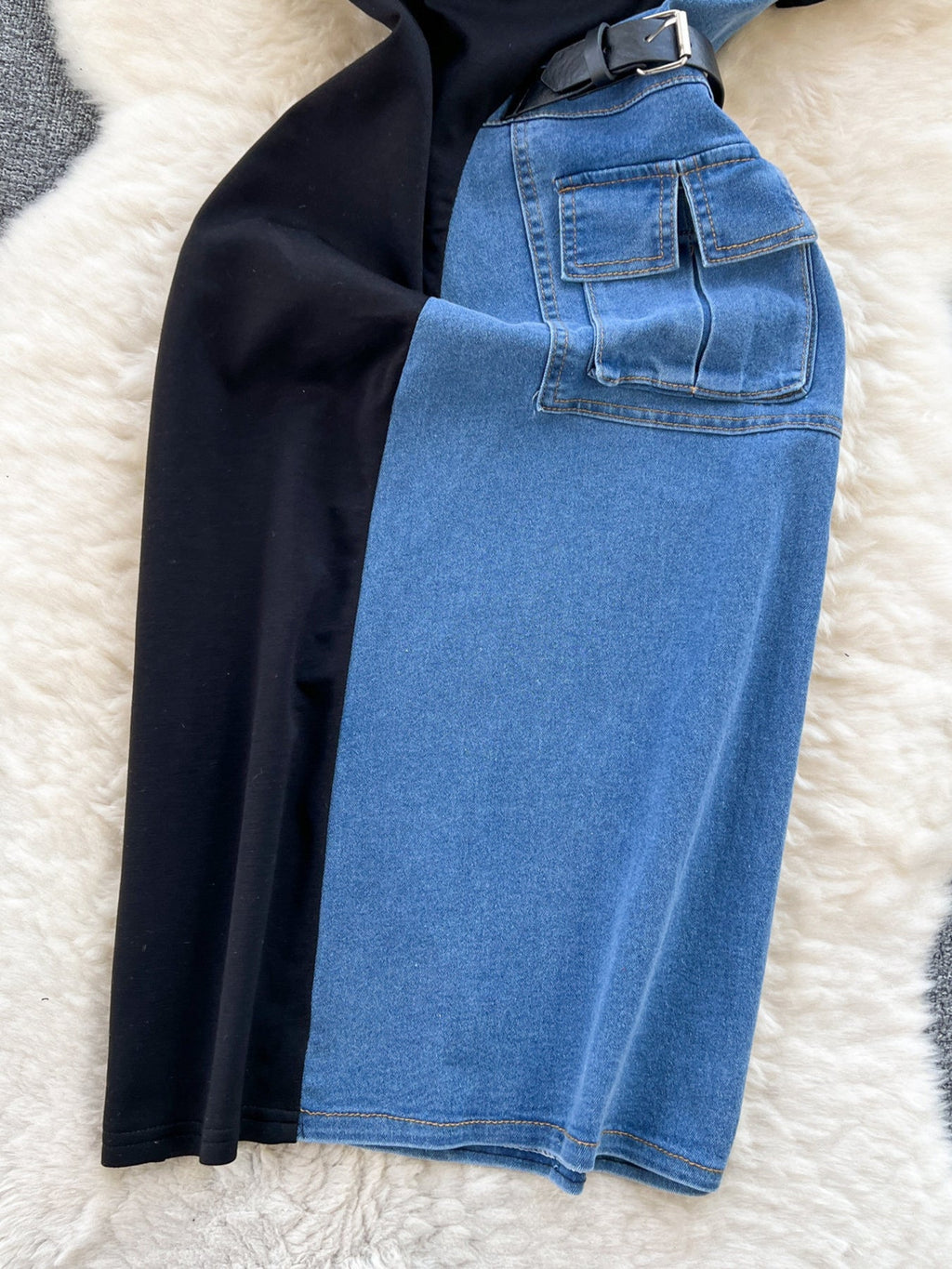 Color Block Denim Patchwork Short Sleeve Midi Dress