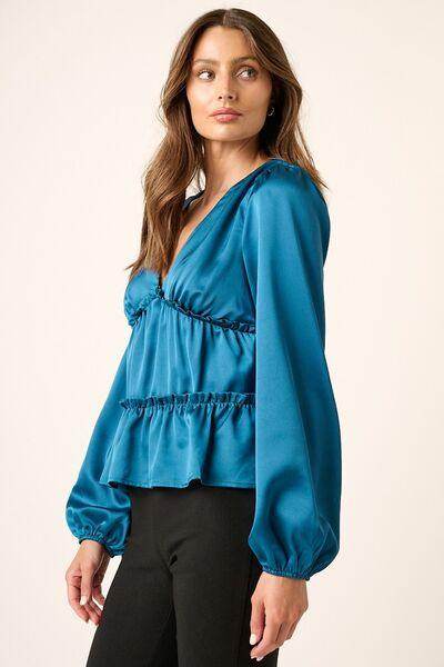 Mittoshop Satin V Neck Ruffled Tier Blouse for Women