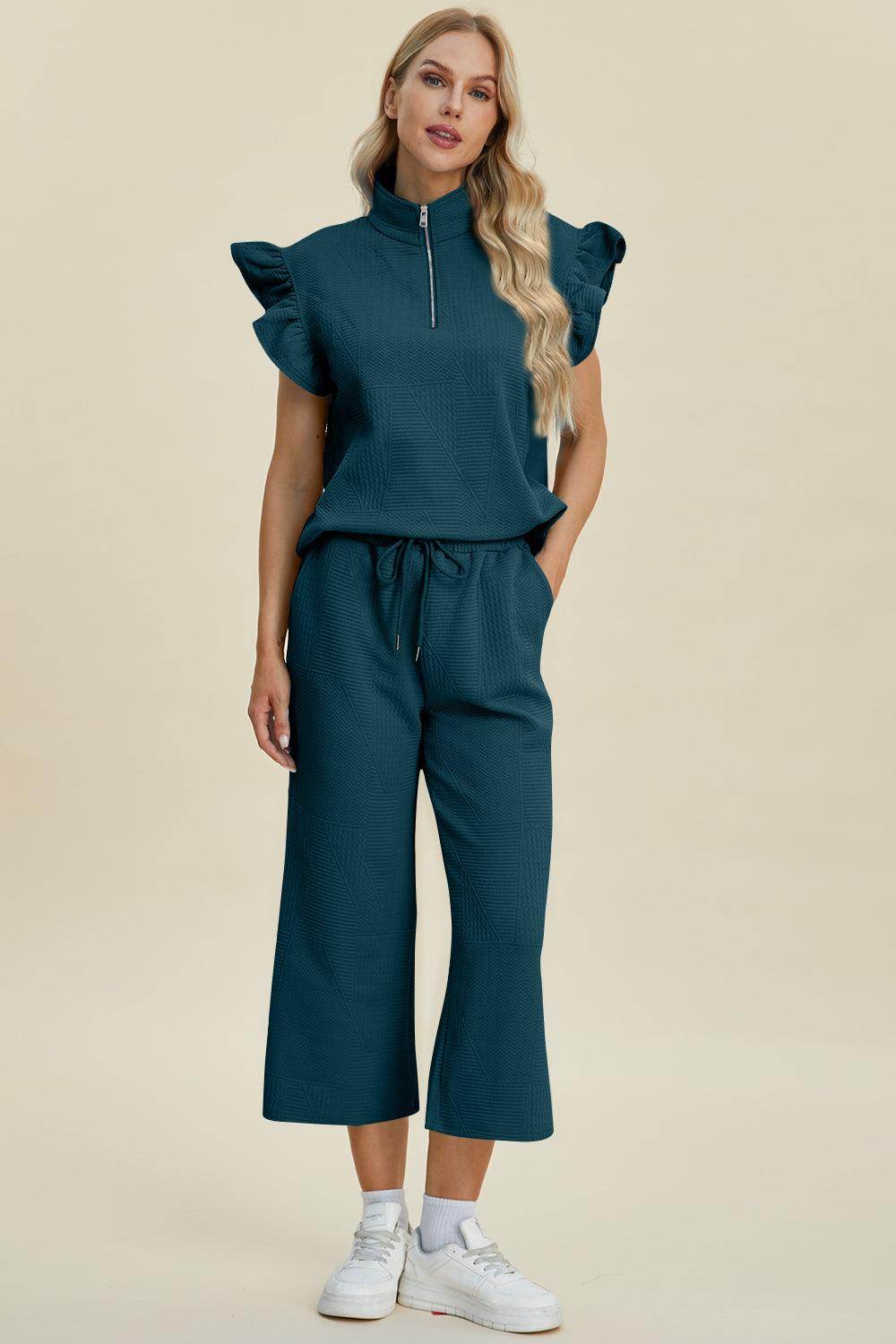 Double Take Full Size Texture Ruffle Top and Pants Set