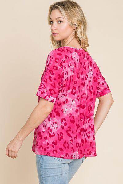 BOMBOM Leopard V-Neck Short Sleeve T-Shirt for Women