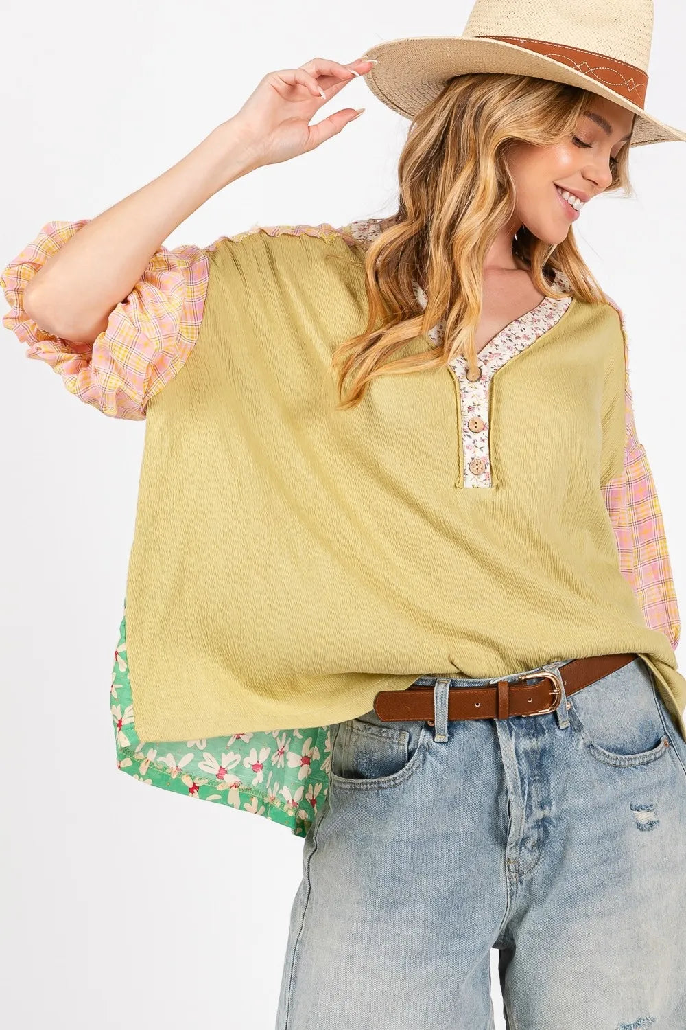 SAGE + FIG Full Size Color Block Bubble Sleeve Top Plus Size