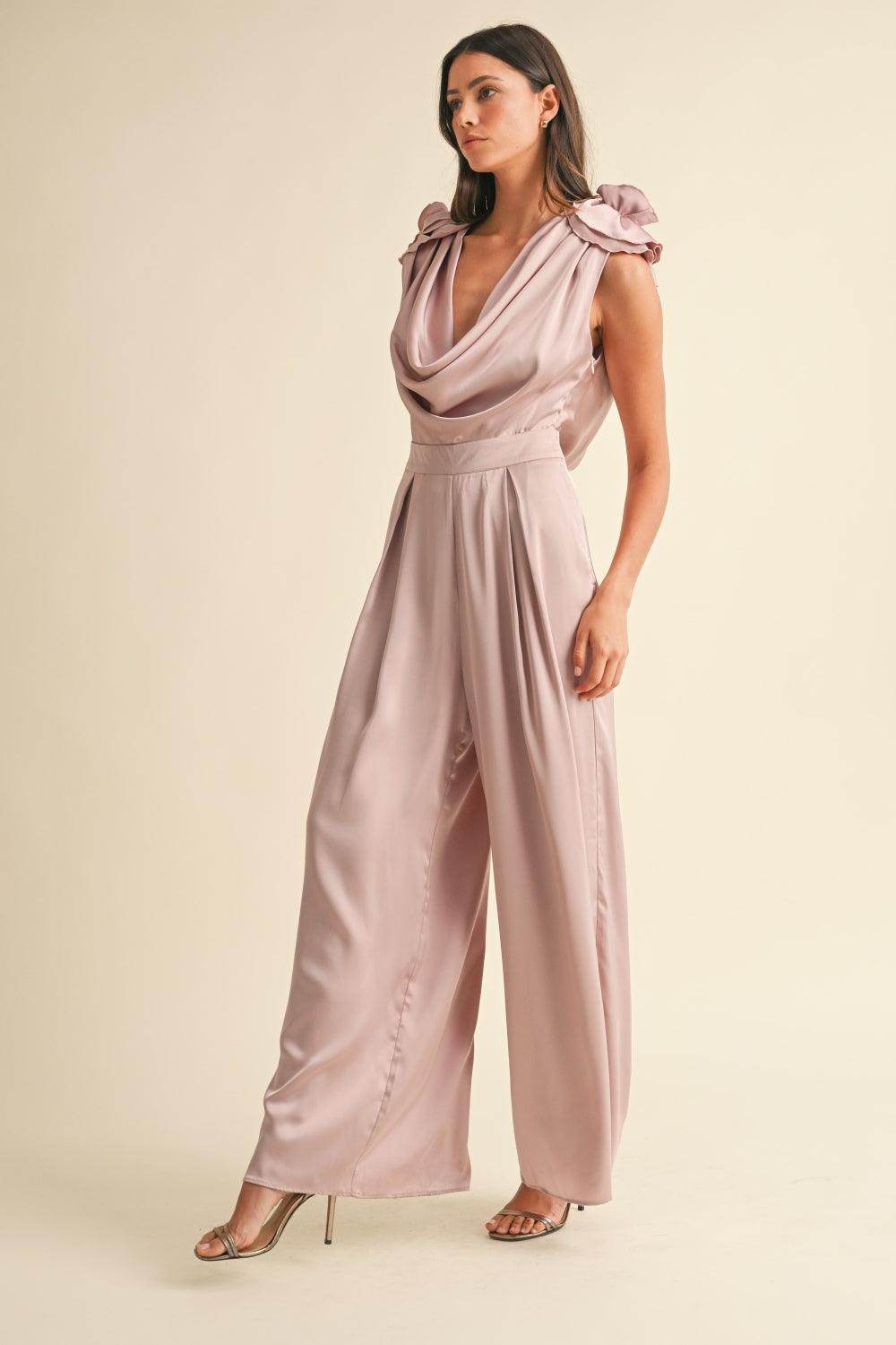 MABLE 3D Floral Applique Deep Cowl Neck Jumpsuit Elegance