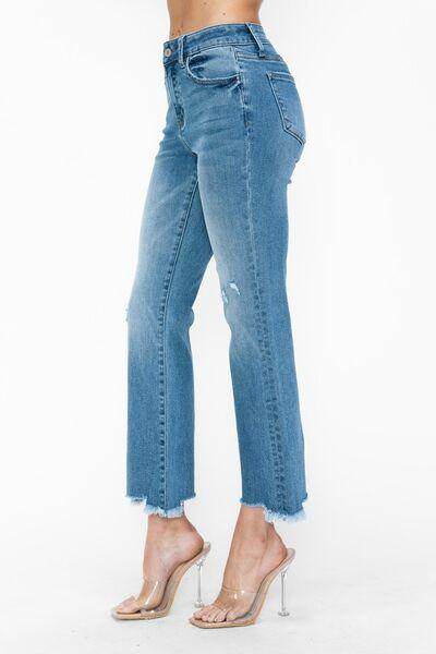 bytos Raw Hem Distressed Mid Rise Crop Jeans for Women