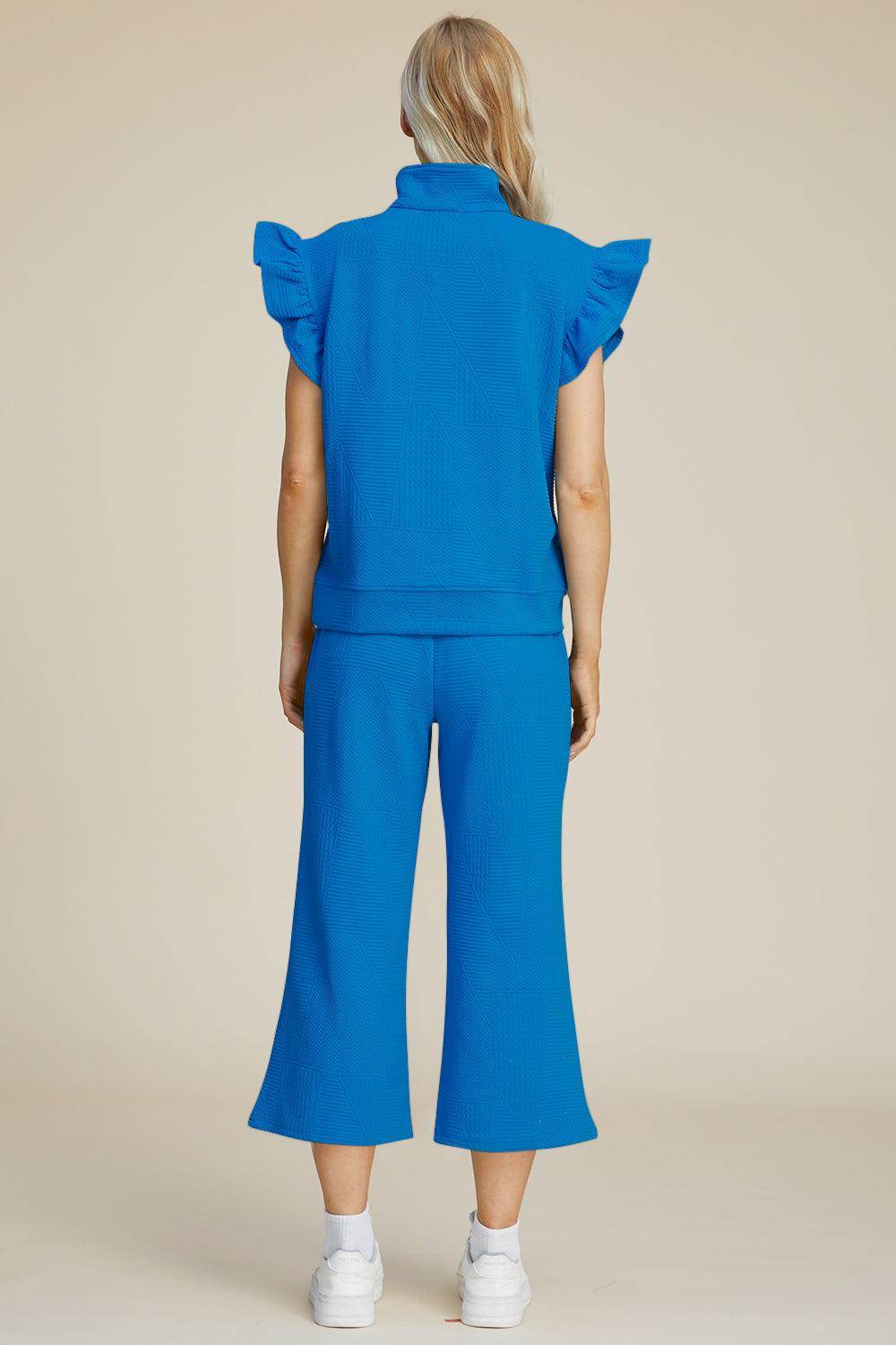 Double Take Full Size Texture Ruffle Top and Pants Set