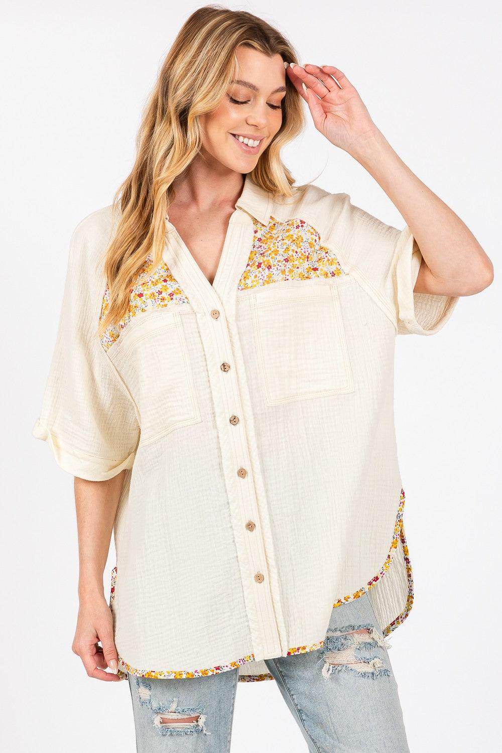 SAGE + FIG Full Size Floral Detail Button Up Shirt