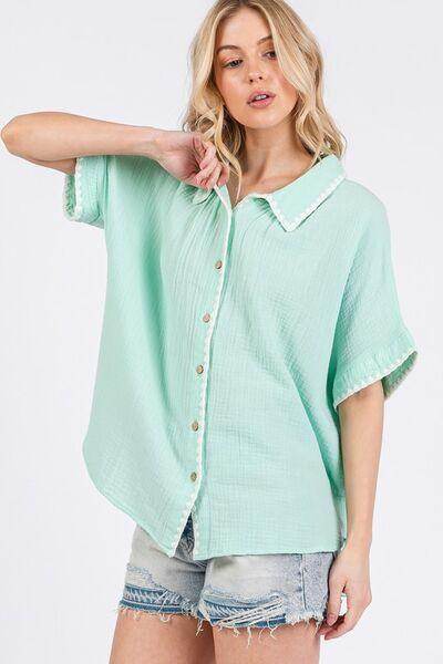 SAGE+FIG Boho Contrast Zigzag Trim Button-Up Shirt