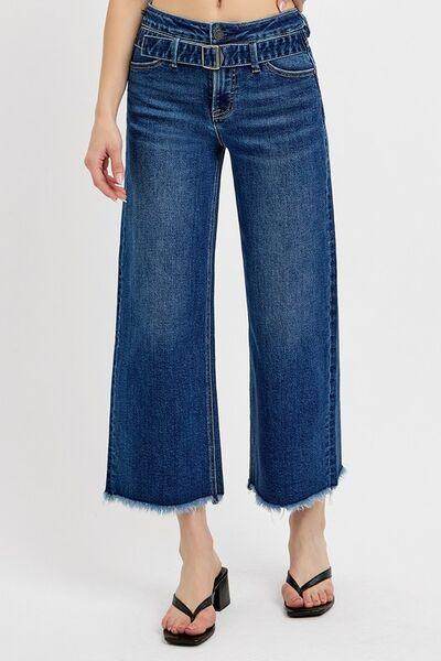 RISEN Raw Hem Wide Leg Attached Buckle Jeans for Women