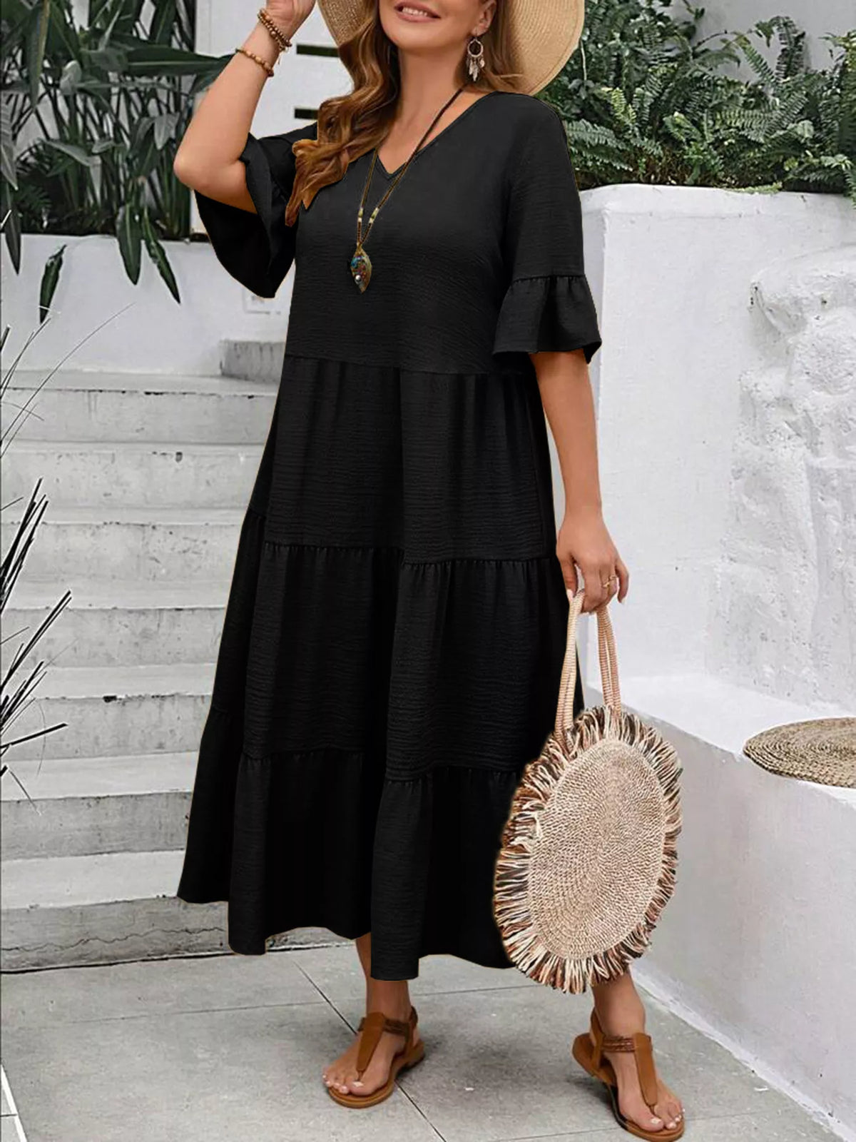 Ruffle Sleeves Tiered Midi Dress