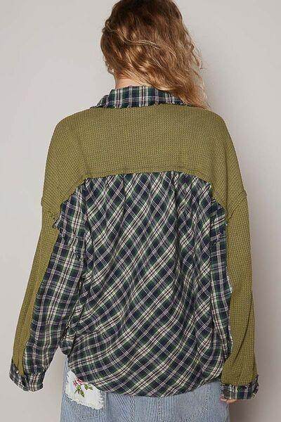POL Plaid Button Down Shirt with Chest Pockets for Women
