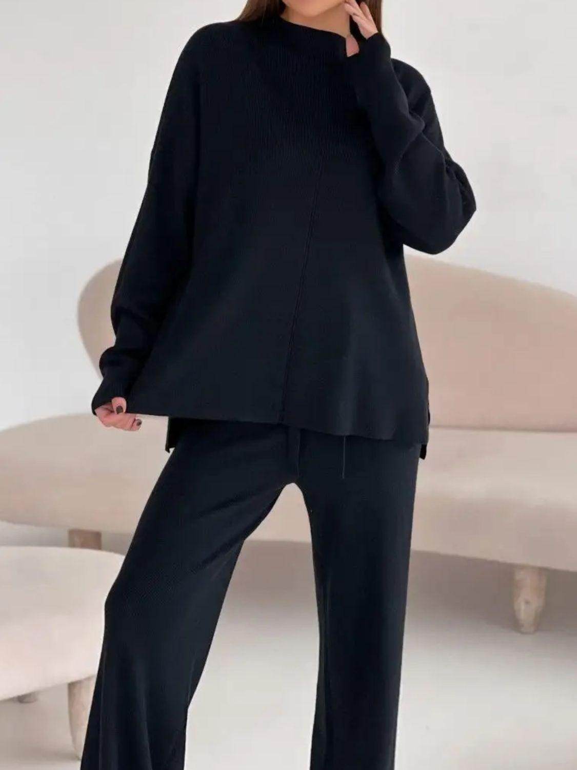 Slit Mock Neck Top and Pants Sweater Set for Women