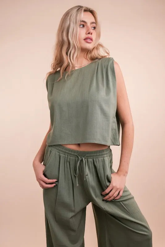 VERY J Solid Woven Top & Pants Set