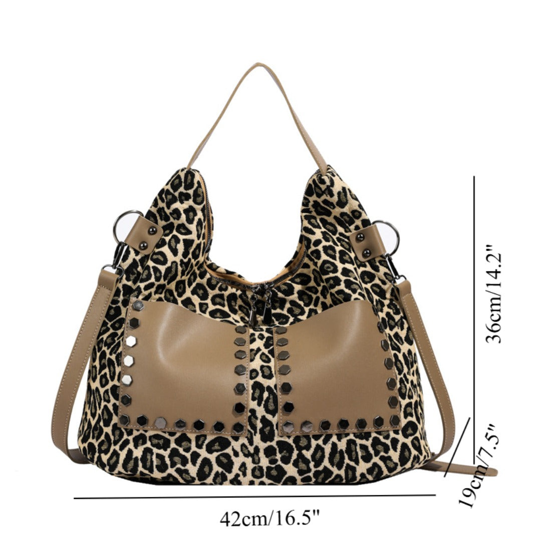 Ladies leopard print large capacity tote bag, vintage hobo bag casual, shoulder bag with crossbody strap, bag shoulder bag women