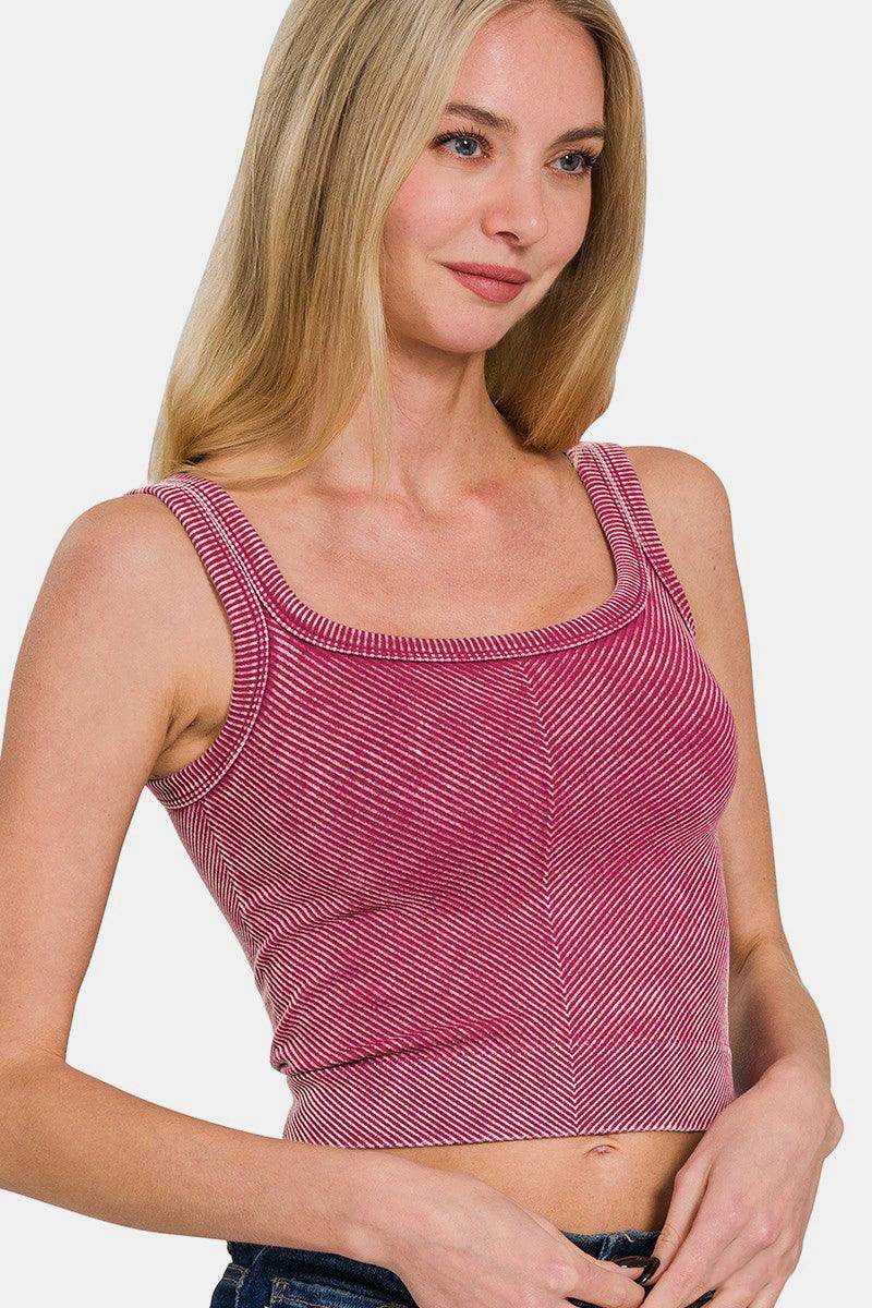 Zenana Washed Ribbed Scoop Neck Wide Strap Tank Top