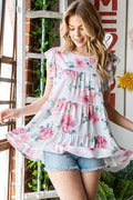 Heimish Full Size Butterfly Short Sleeve Floral Tiered Top