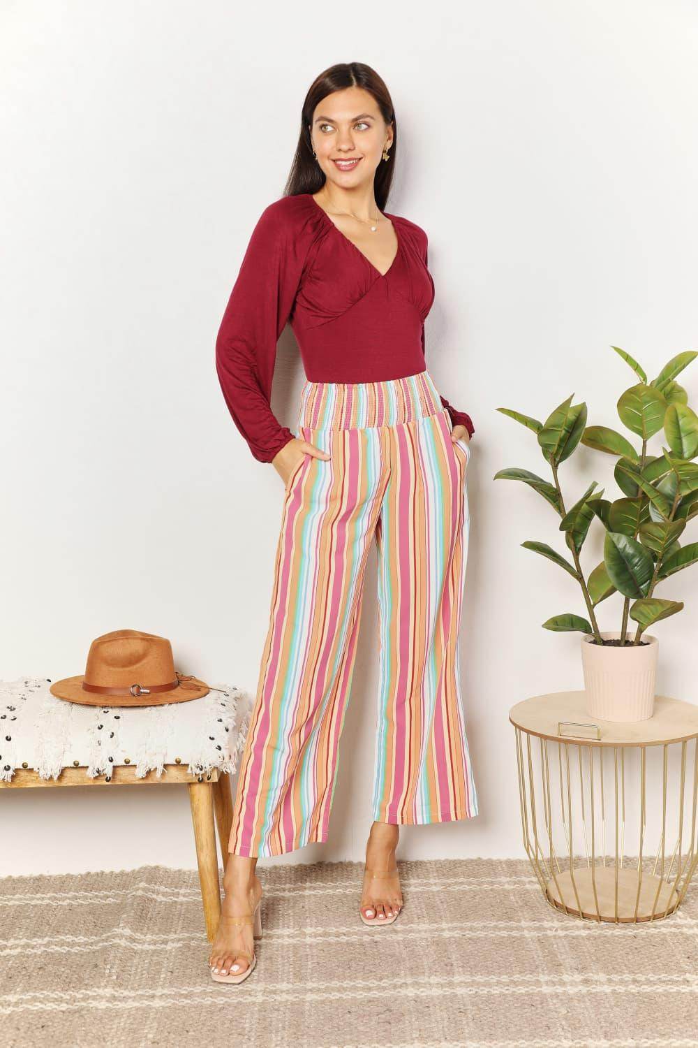 Double Take Striped Smocked Waist Pants with Pockets Stylish